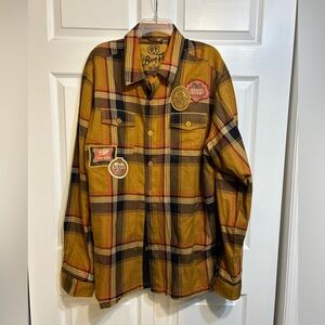 Born Fly Mustard Plaid Button Down Shirt Patches Mens Size 3XL Still Flyer